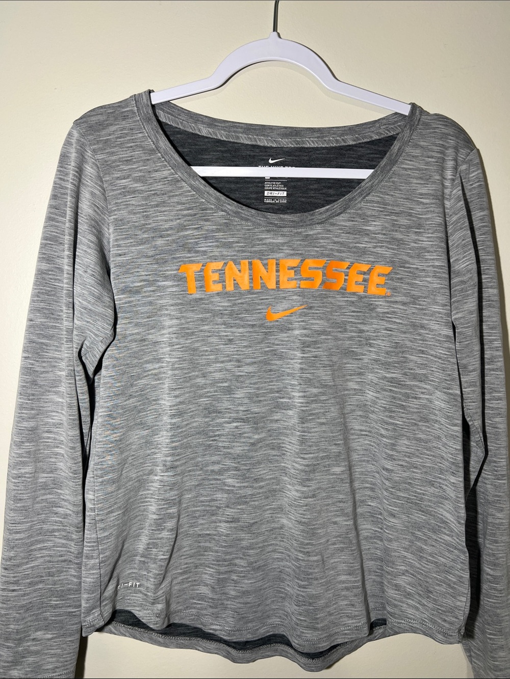 Nike Gray Long Sleeve Dri Fit Tee with Orange Tennessee Script
